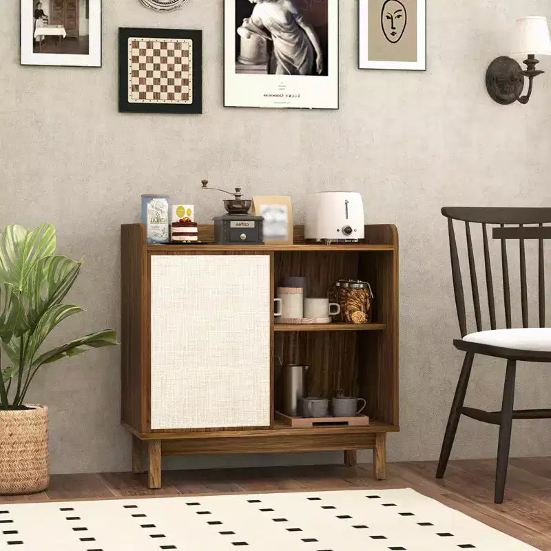 Rattan Sideboard Cabinet, Farmhouse Buffet Storage with Sliding Door and 2 Adjustable Shelves