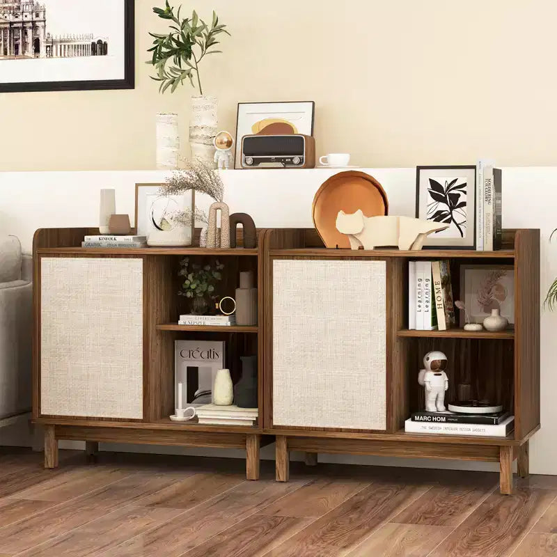 Rattan Sideboard Cabinet, Farmhouse Buffet Storage with Sliding Door and 2 Adjustable Shelves