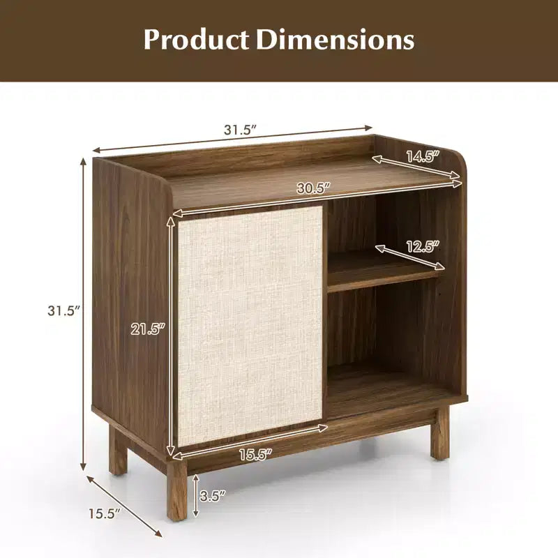 Rattan Sideboard Cabinet, Farmhouse Buffet Storage with Sliding Door and 2 Adjustable Shelves