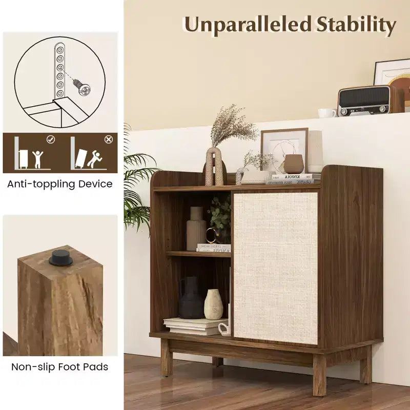 Rattan Sideboard Cabinet, Farmhouse Buffet Storage with Sliding Door and 2 Adjustable Shelves