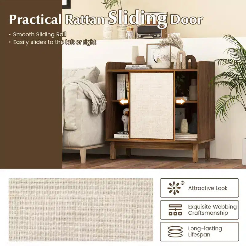 Rattan Sideboard Cabinet, Farmhouse Buffet Storage with Sliding Door and 2 Adjustable Shelves