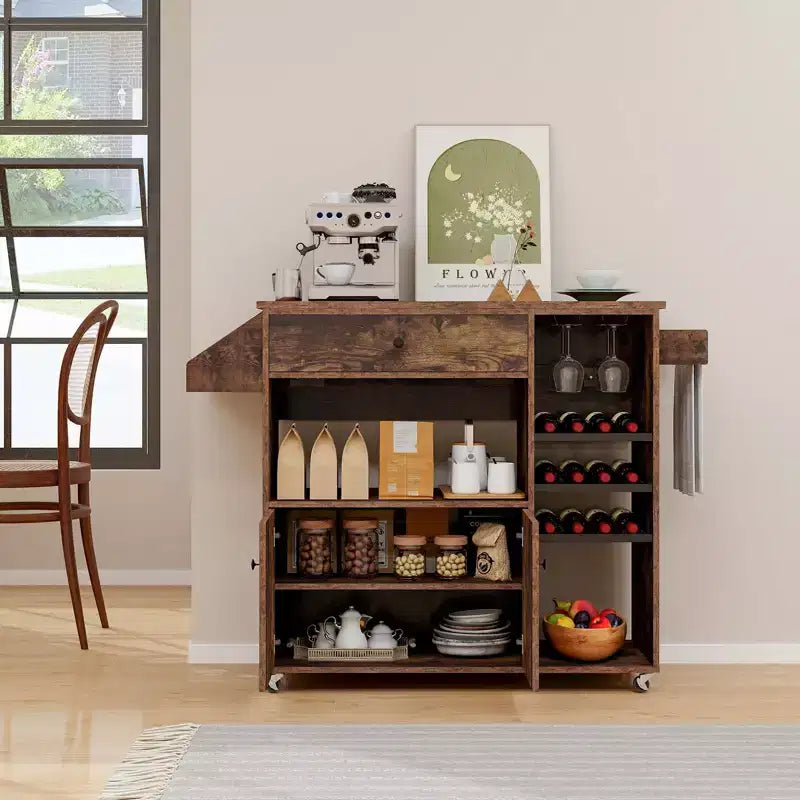 Drop Leaf Kitchen Island Cart with Power Outlet, Microwave Shelf, and Mobile Storage