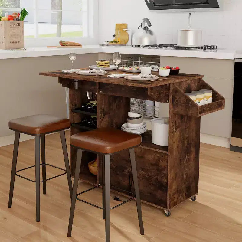 Drop Leaf Kitchen Island Cart with Power Outlet, Microwave Shelf, and Mobile Storage