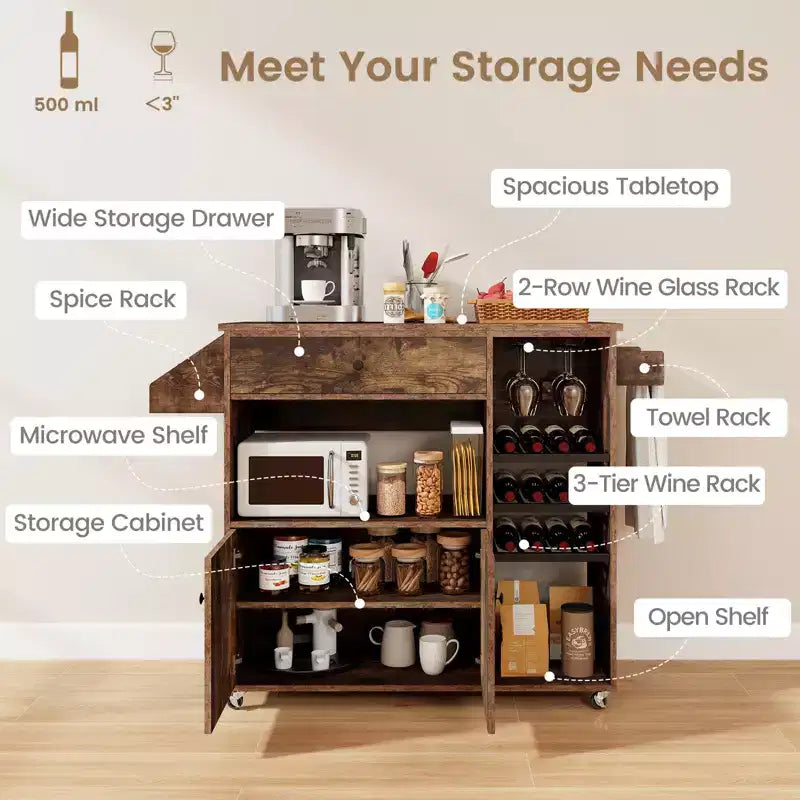 Drop Leaf Kitchen Island Cart with Power Outlet, Microwave Shelf, and Mobile Storage