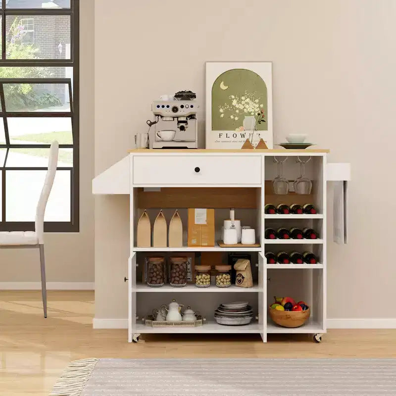 Drop Leaf Kitchen Island Cart with Power Outlet, Microwave Shelf, and Mobile Storage