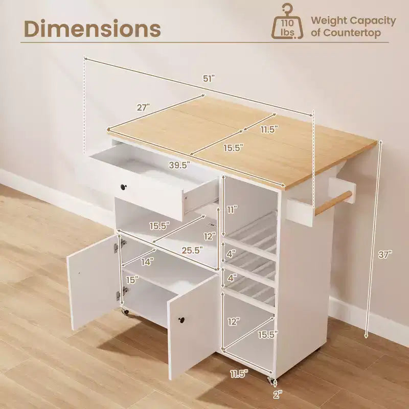 Drop Leaf Kitchen Island Cart with Power Outlet, Microwave Shelf, and Mobile Storage