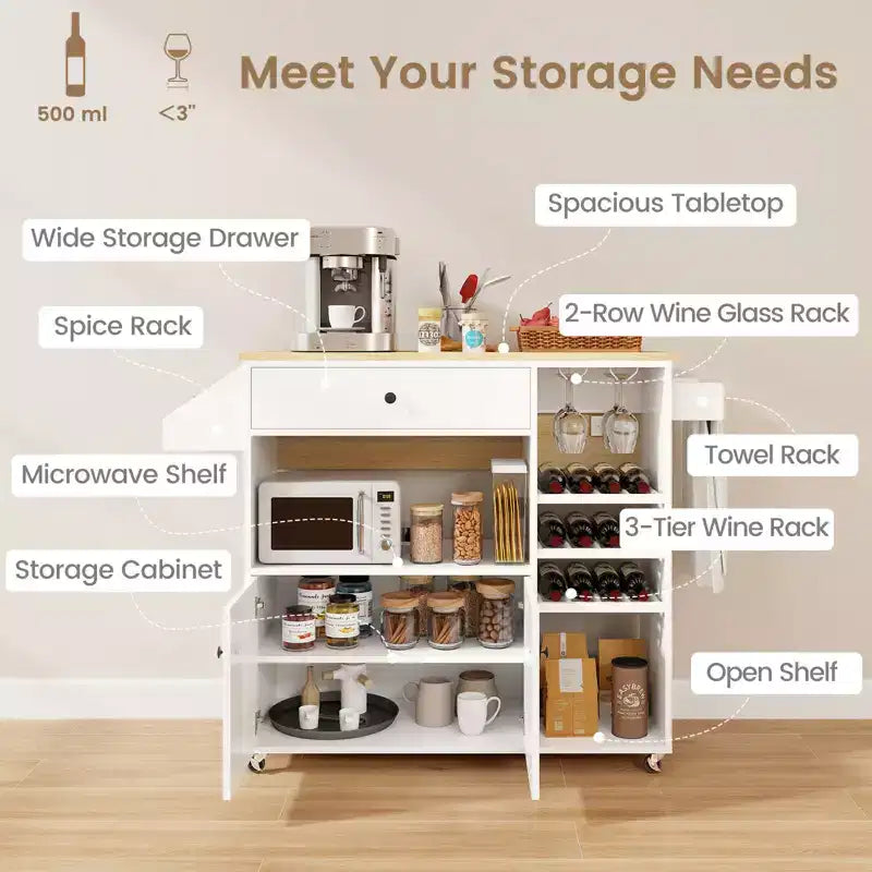 Drop Leaf Kitchen Island Cart with Power Outlet, Microwave Shelf, and Mobile Storage
