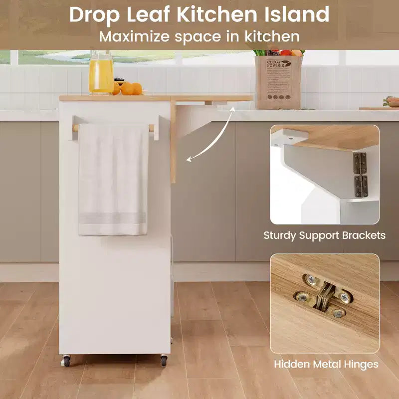 Drop Leaf Kitchen Island Cart with Power Outlet, Microwave Shelf, and Mobile Storage