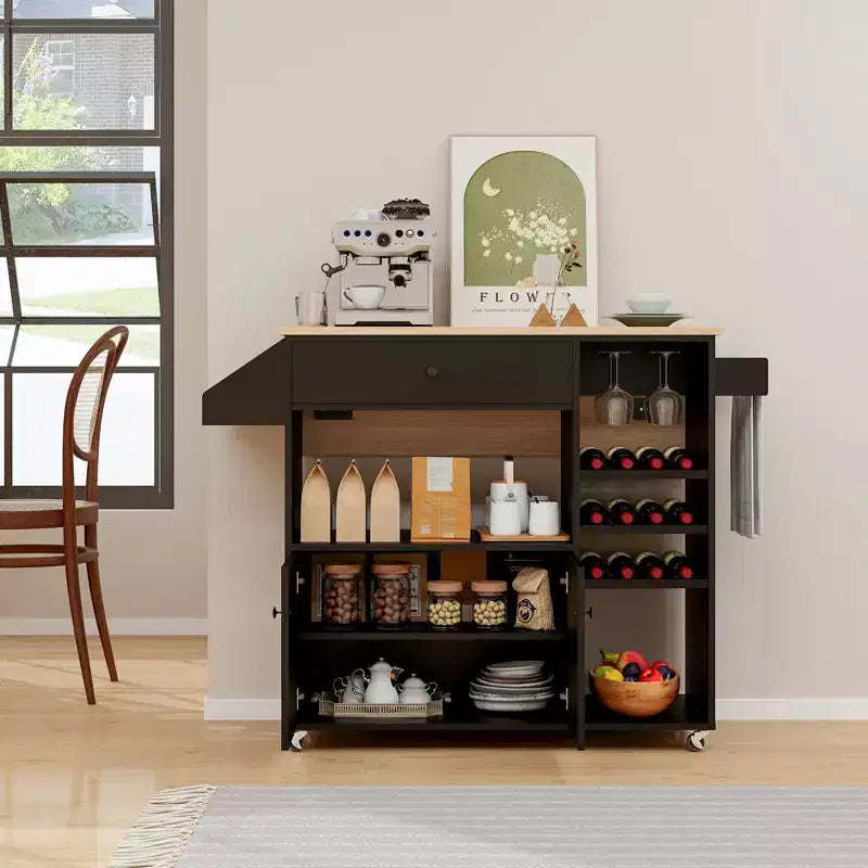 Drop Leaf Kitchen Island Cart with Power Outlet, Microwave Shelf, and Mobile Storage
