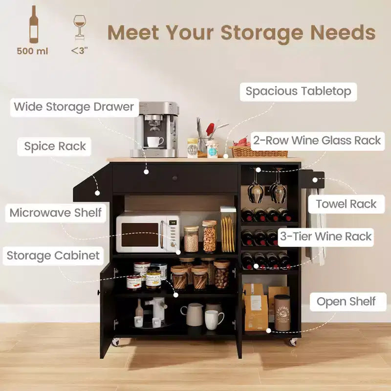 Drop Leaf Kitchen Island Cart with Power Outlet, Microwave Shelf, and Mobile Storage