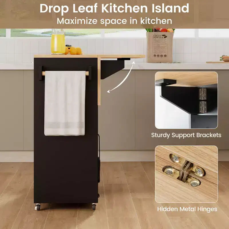 Drop Leaf Kitchen Island Cart with Power Outlet, Microwave Shelf, and Mobile Storage