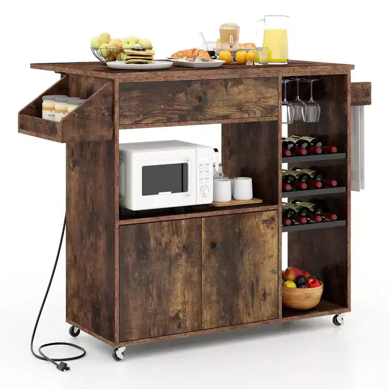 Drop Leaf Kitchen Island Cart with Power Outlet, Microwave Shelf, and Mobile Storage