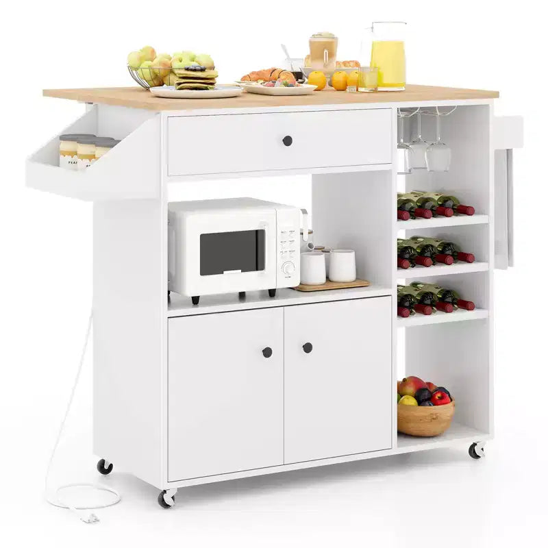 Drop Leaf Kitchen Island Cart with Power Outlet, Microwave Shelf, and Mobile Storage