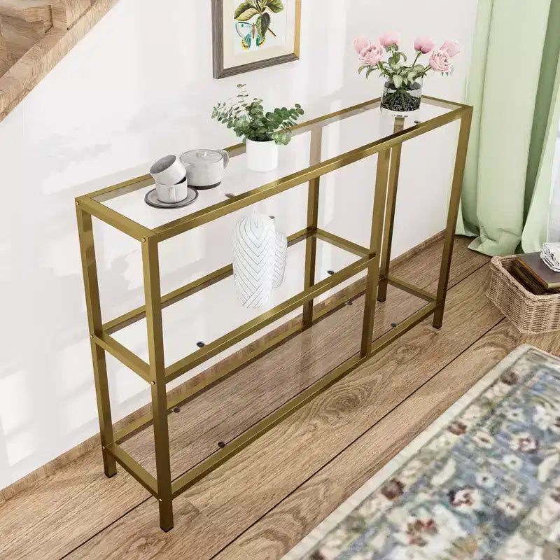 Modern Metal Narrow Console Table with Storage, Iron Frame, Tempered Glass Top