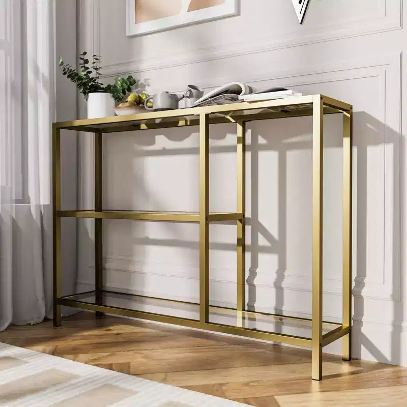 Modern Metal Narrow Console Table with Storage, Iron Frame, Tempered Glass Top