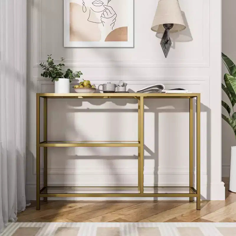 Modern Metal Narrow Console Table with Storage, Iron Frame, Tempered Glass Top