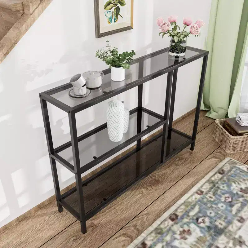 Modern Metal Narrow Console Table with Storage, Iron Frame, Tempered Glass Top