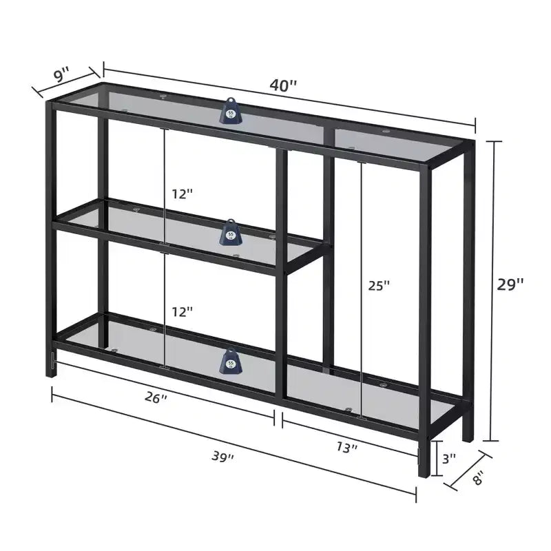 Modern Metal Narrow Console Table with Storage, Iron Frame, Tempered Glass Top