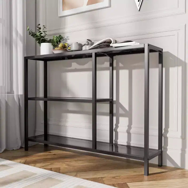 Modern Metal Narrow Console Table with Storage, Iron Frame, Tempered Glass Top