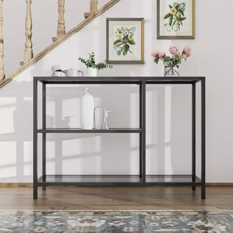 Modern Metal Narrow Console Table with Storage, Iron Frame, Tempered Glass Top