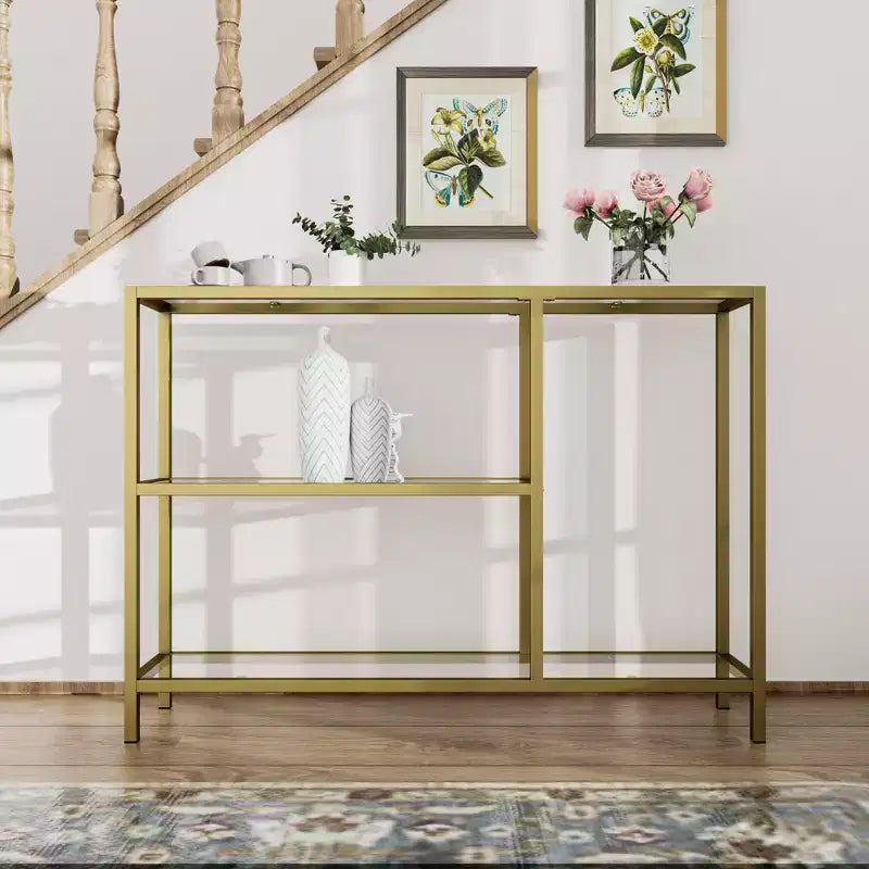 Modern Metal Narrow Console Table with Storage, Iron Frame, Tempered Glass Top