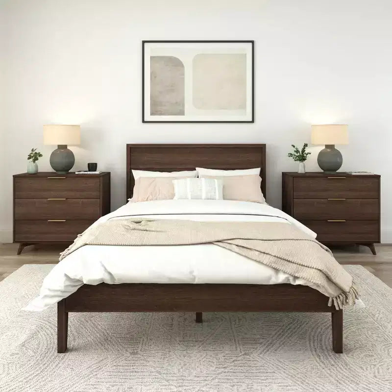 Solid Wood King Bed Frame with Panel Headboard, No Box Spring Needed