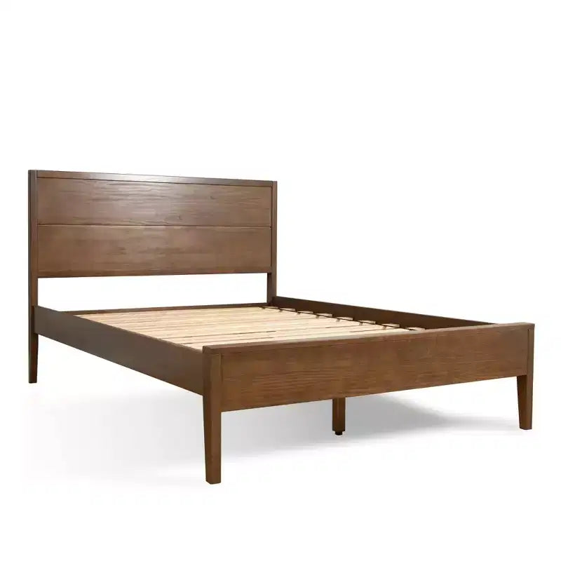 Solid Wood King Bed Frame with Panel Headboard, No Box Spring Needed