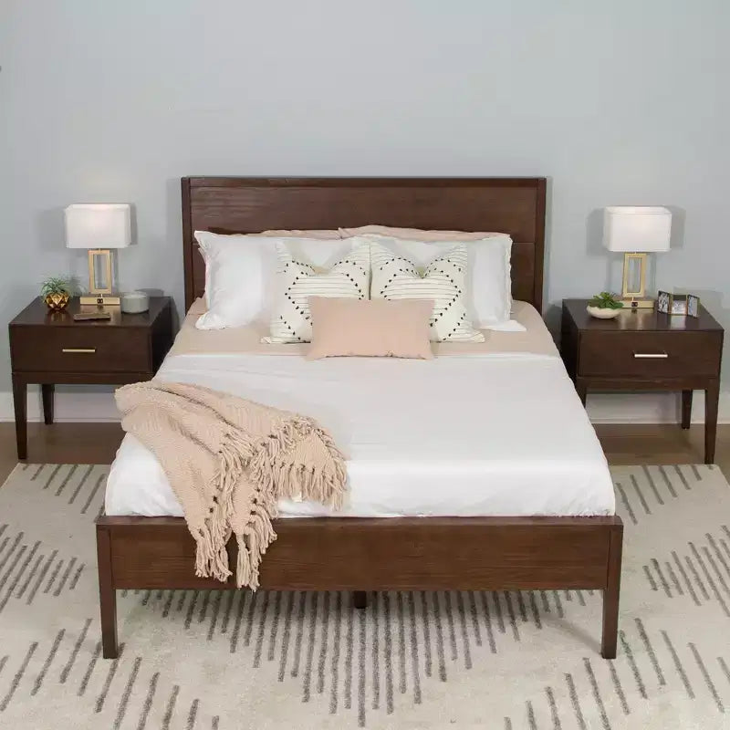 Solid Wood King Bed Frame with Panel Headboard, No Box Spring Needed