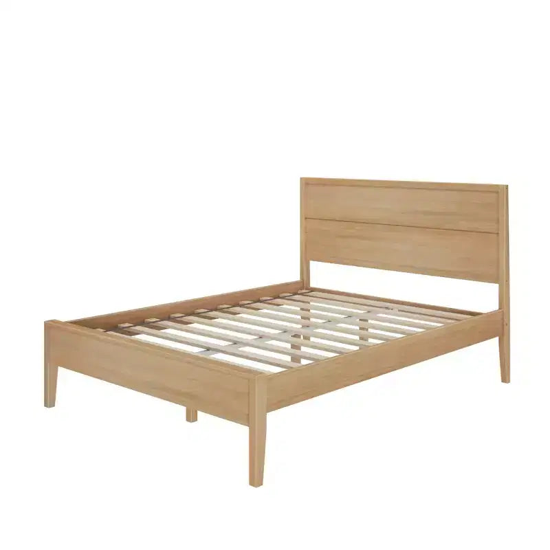Solid Wood King Bed Frame with Panel Headboard, No Box Spring Needed