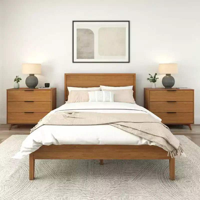 Solid Wood King Bed Frame with Panel Headboard, No Box Spring Needed
