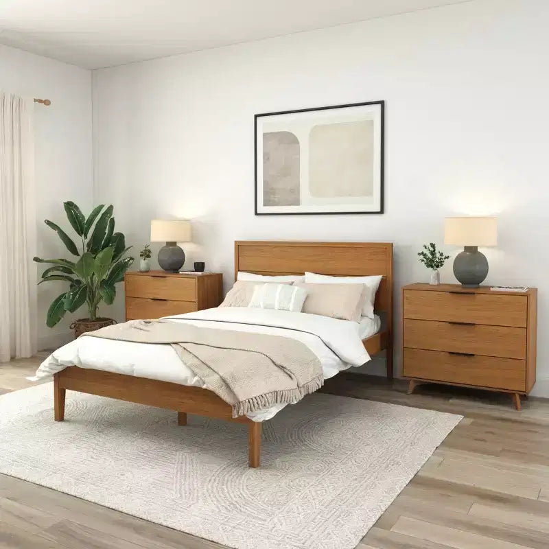 Solid Wood King Bed Frame with Panel Headboard, No Box Spring Needed