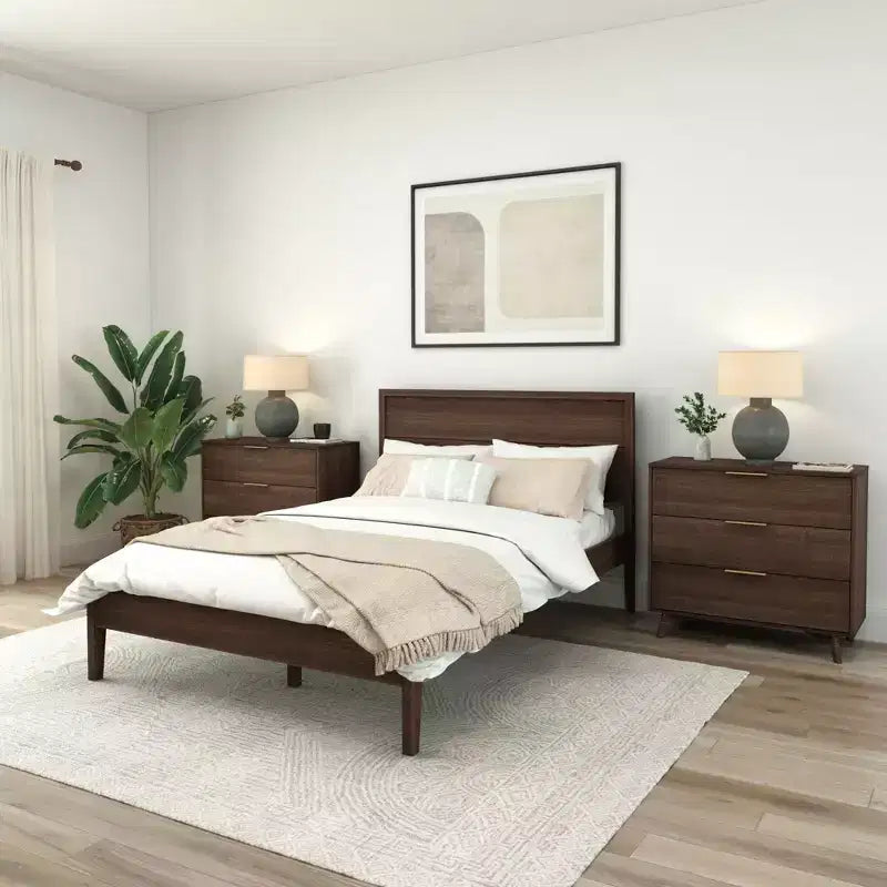 Solid Wood King Bed Frame with Panel Headboard, No Box Spring Needed