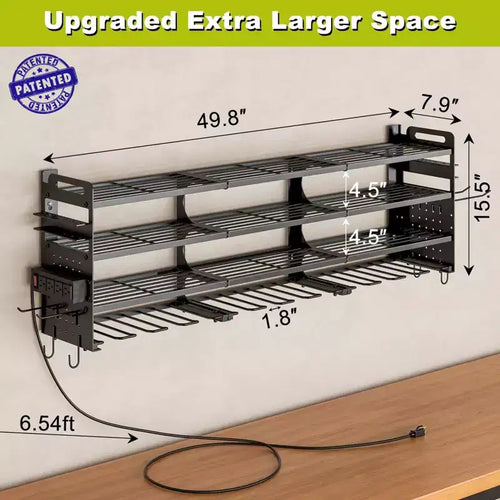 4-Tier Power Tool Organizer with Pegboard, 12-Slot Drill Rack and Power Strip, Black