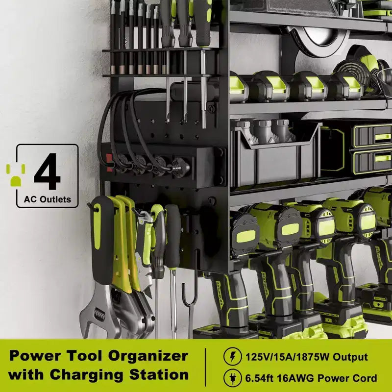 4-Tier Power Tool Organizer with Pegboard, 12-Slot Drill Rack and Power Strip, Black