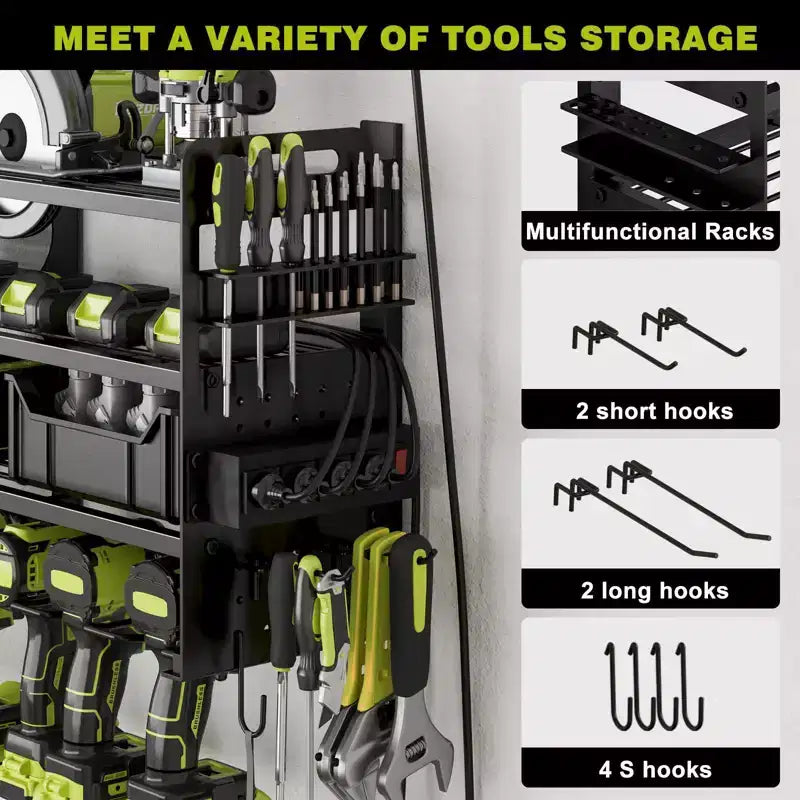 4-Tier Power Tool Organizer with Pegboard, 12-Slot Drill Rack and Power Strip, Black