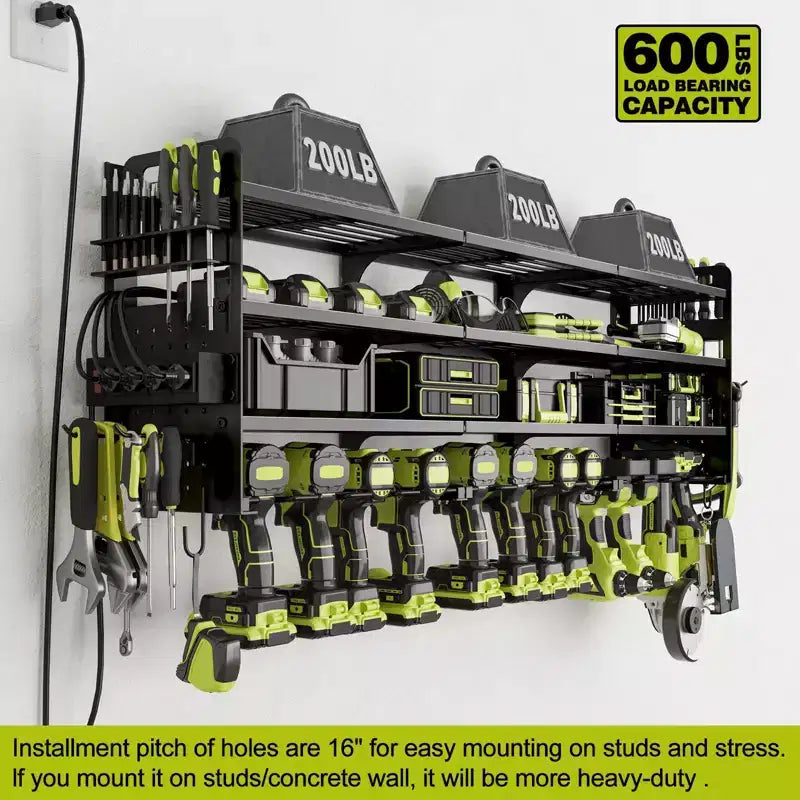 4-Tier Power Tool Organizer with Pegboard, 12-Slot Drill Rack and Power Strip, Black