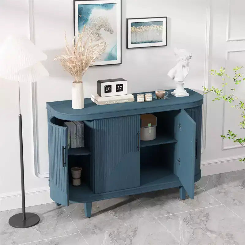 Modern Curved Sideboard 47.2-Inch Decorative Storage Cabinet Wooden Console Table Coffee Bar Cabinet with 4 Doors and Adjustable Interior Shelves