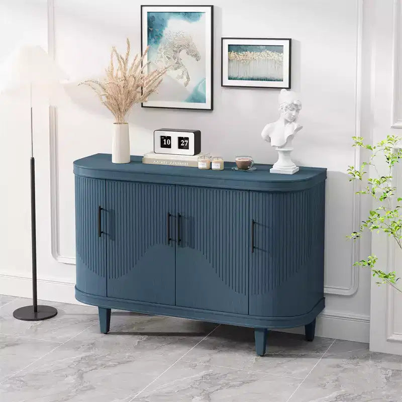 Modern Curved Sideboard 47.2-Inch Decorative Storage Cabinet Wooden Console Table Coffee Bar Cabinet with 4 Doors and Adjustable Interior Shelves