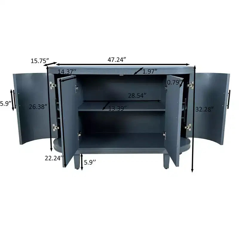 Modern Curved Sideboard 47.2-Inch Decorative Storage Cabinet Wooden Console Table Coffee Bar Cabinet with 4 Doors and Adjustable Interior Shelves