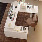 Famapy Liftable Writing Desk Computer Desk Right Angle Desktop Large Desktop One-piece Hollow Out Shelf White