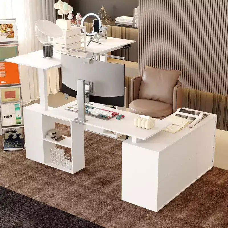 Liftable L-Shaped Writing and Computer Desk, Large Desktop, White