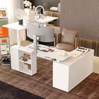 Bureau d'écriture et d'ordinateur en L relevable, Grand plateau, Blanc