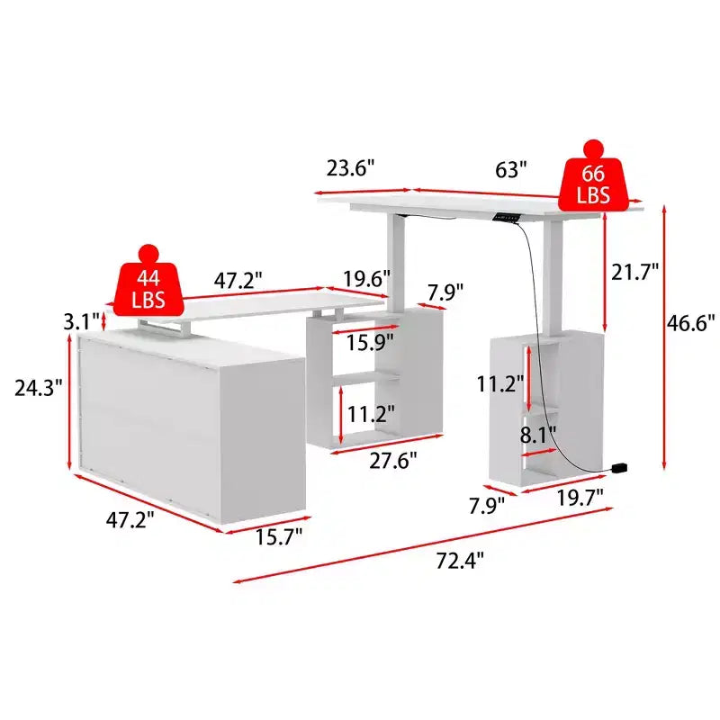 Liftable L-Shaped Writing and Computer Desk, Large Desktop, White
