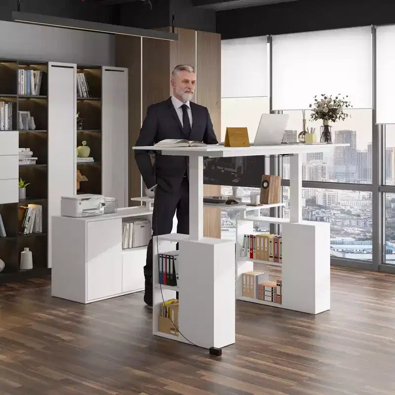 Liftable L-Shaped Writing and Computer Desk, Large Desktop, White