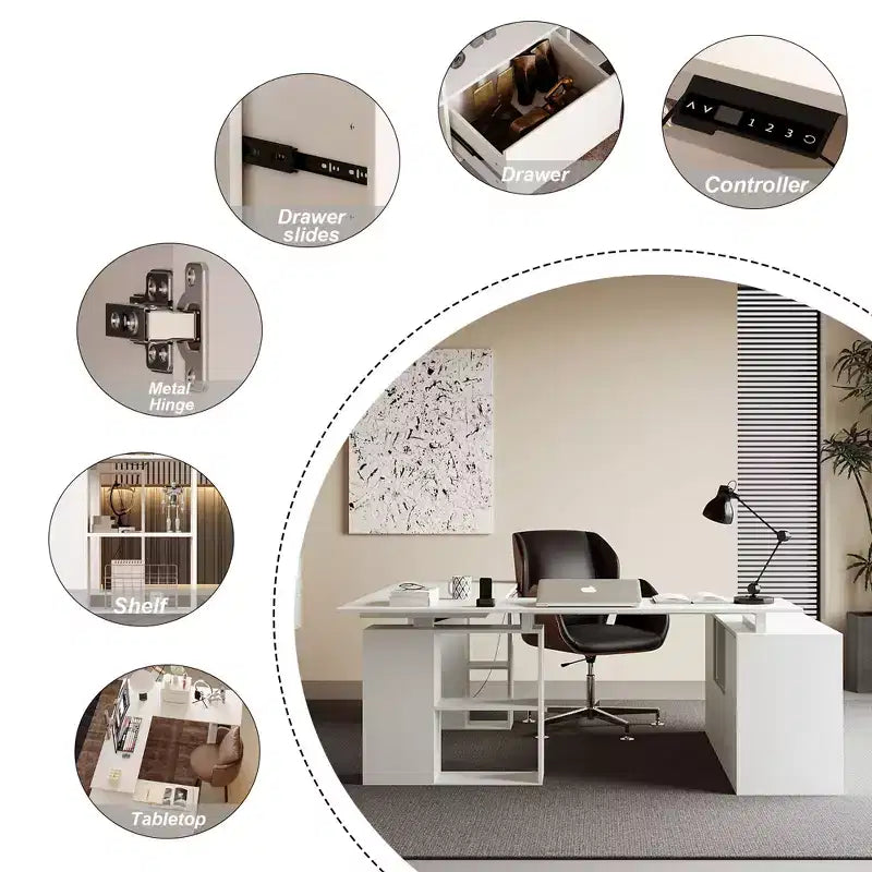 Liftable L-Shaped Writing and Computer Desk, Large Desktop, White