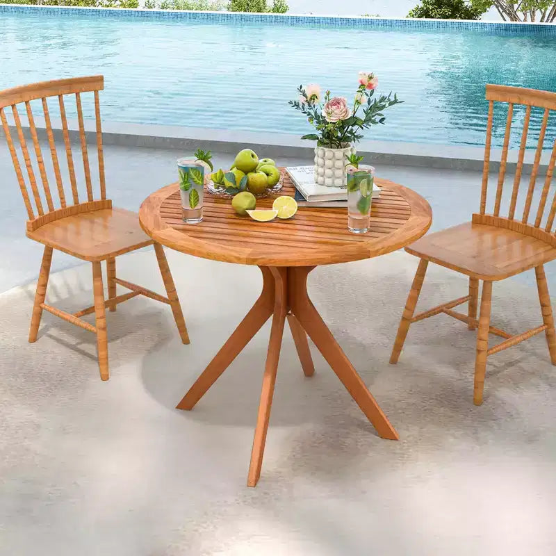 35.5" Round Patio Wood Dining Table with Slatted Tabletop and Curved Legs