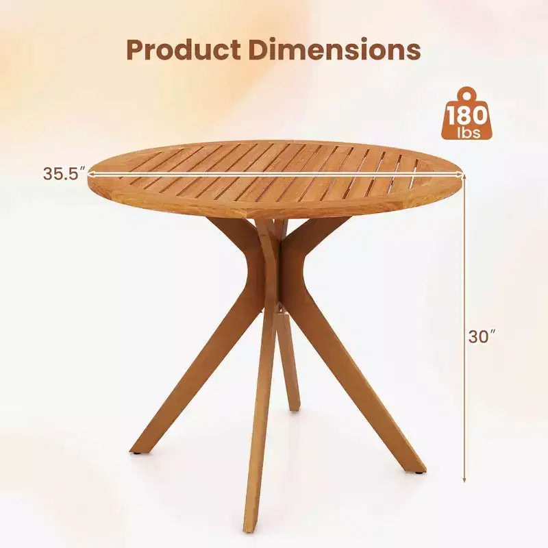 35.5" Round Patio Wood Dining Table with Slatted Tabletop and Curved Legs