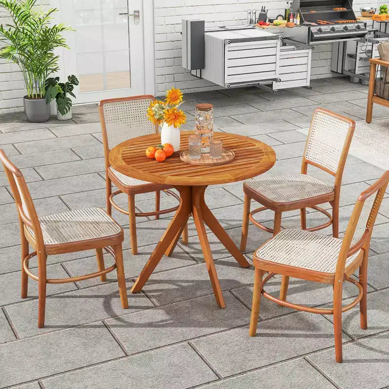 35.5" Round Patio Wood Dining Table with Slatted Tabletop and Curved Legs