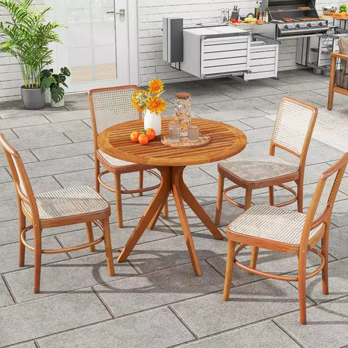35.5" Round Patio Wood Dining Table with Slatted Tabletop and Curved Legs