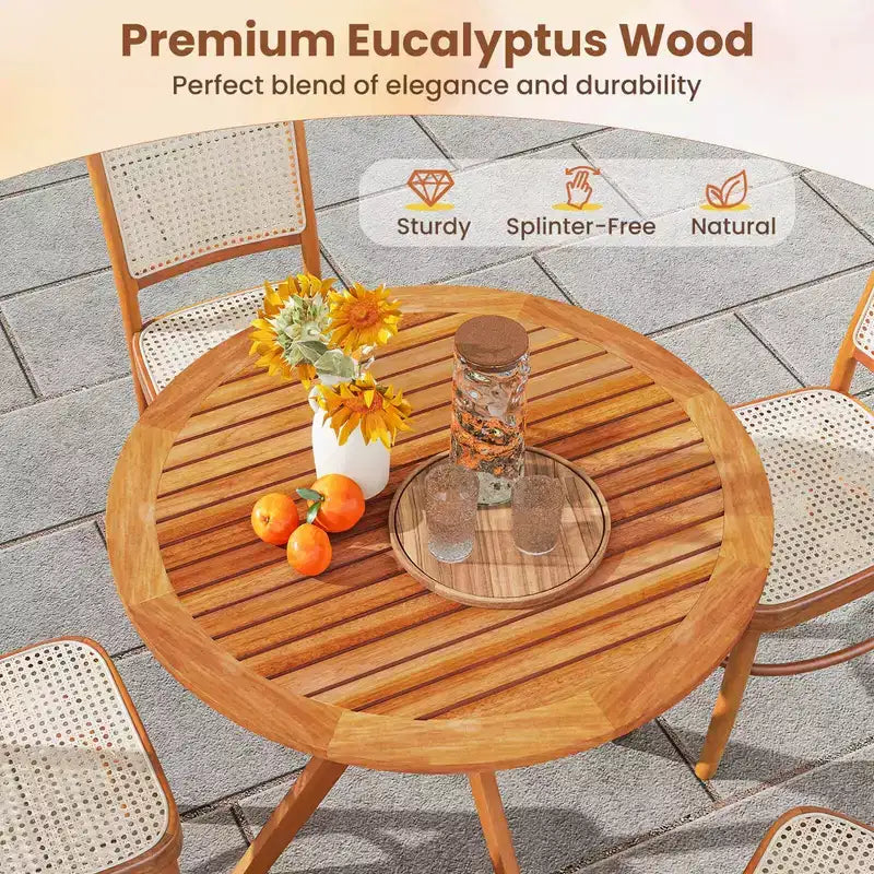 35.5" Round Patio Wood Dining Table with Slatted Tabletop and Curved Legs